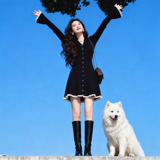 韩系黑色连衣裙秋冬季千金穿搭微胖掐腰裙子 商品图0