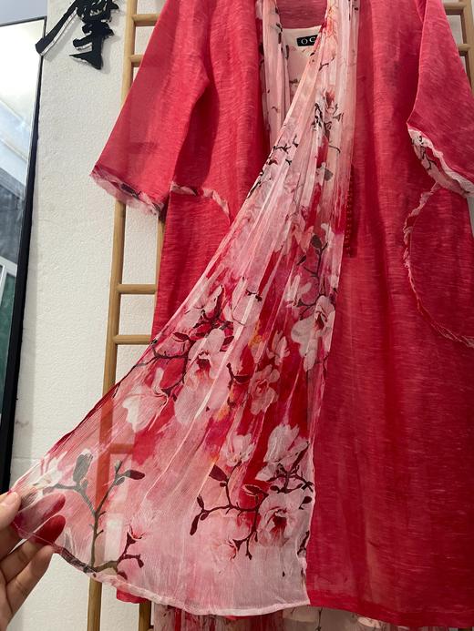 「断码清仓」复古文艺桃红色水墨花枝两件套连衣裙 L码  ZFYY218 商品图7