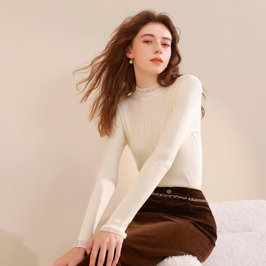 三彩2026春季新款纯色针织衫玻璃纱拼接长袖毛衫内搭打底衫修身M 商品图1