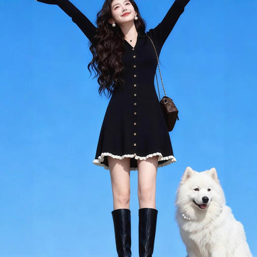 韩系黑色连衣裙秋冬季千金穿搭微胖掐腰裙子 商品图3