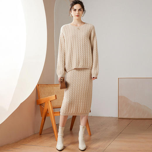 丁摩复古绞花羊绒套装女100%纯山羊绒加厚宽松上衣包臀半身裙子ALW1322 商品图0