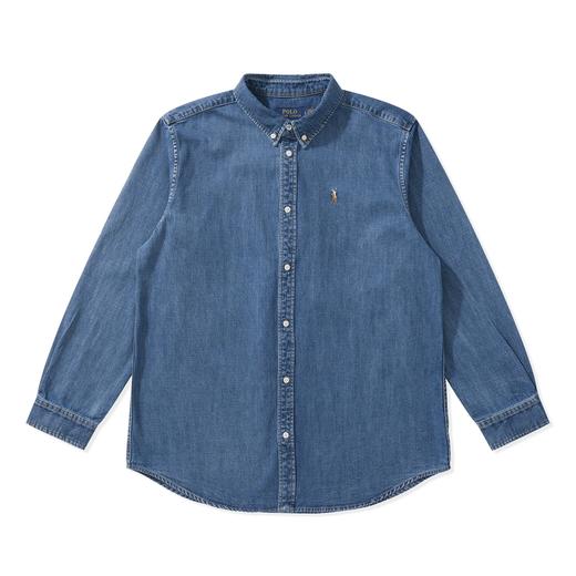 中性款合身刺绣牛仔长袖衬衫la 商品图0