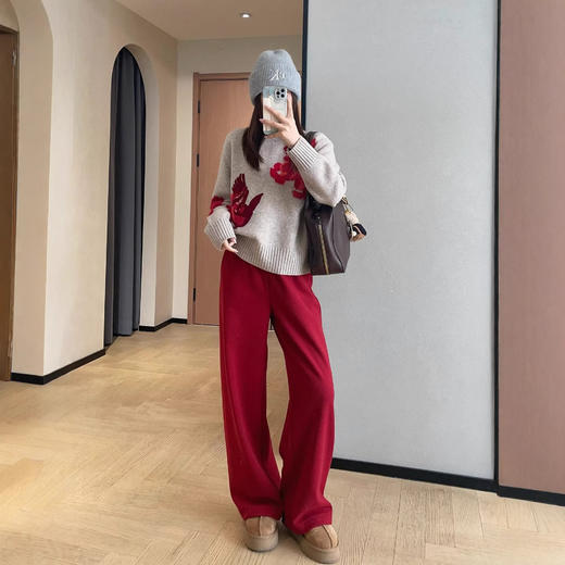 复古氛围感！2026喜上梅梢刺绣绵羊毛针织套头圆领毛衣女冬季新款！ 商品图2