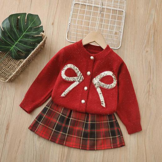 清清美日新年女童毛衣本命年红色秋冬款女宝宝套头衫新款半身亮片套装90-130★ 商品图1