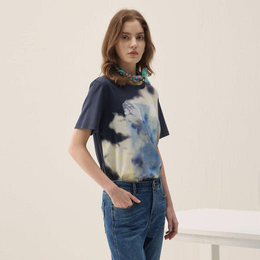谜底印花T恤短袖2026年春季新品H型纯棉蓝晒兔子艺术女261MT0203 商品图1