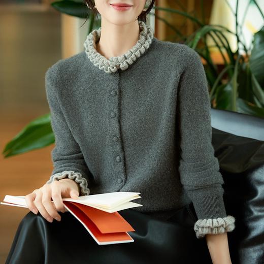 丁摩新款100%纯羊毛衫女木耳边针织开衫宽松毛衣百搭外套上衣ALW5199 商品图2