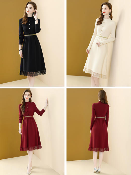 「自」全新升级【铂金会员201/天猫269/差价68】(12233)洛诗琳半高领针织连衣裙女2025秋冬新款气质通勤长袖蕾丝显瘦毛衣裙 商品图3