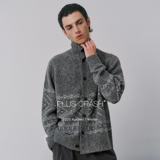 PLUS CRASH羊毛混纺费尔岛提花沙漏领毛衣开衫休闲复古男PC61SW12 商品图3
