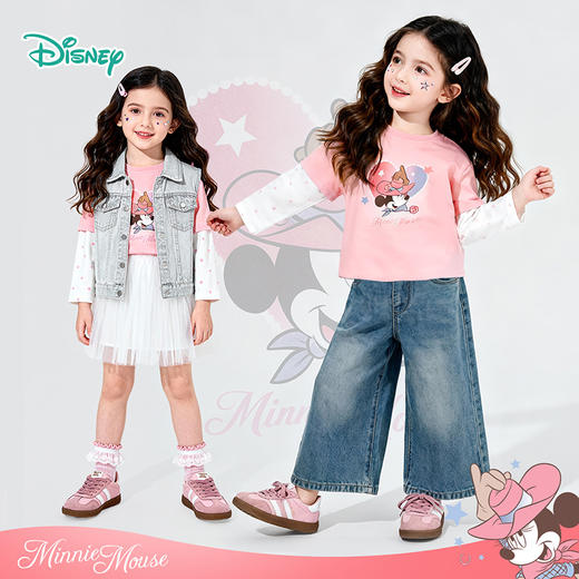 迪士尼（Disney）童装女童长袖T恤甜美运动休闲撞色7A抗菌假两件2026春季新款上衣ZD1FS009 商品图2