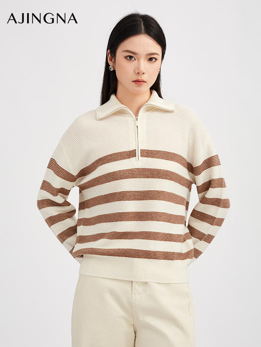 【商场同款】阿菁娜冬季新款双领条纹衫可立翻半开襟拉链设计落肩宽松休闲慵懒开衫A30D318020 商品图1