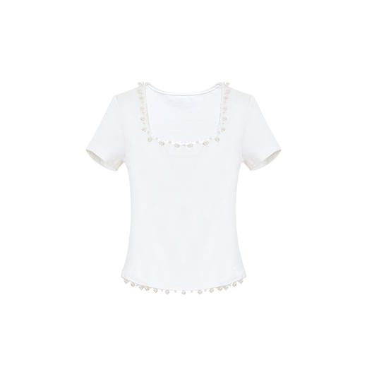 FTT FlyTheTruth  灵动 纯欲珍珠边正肩短袖女夏季百搭显瘦U领T恤 商品图4