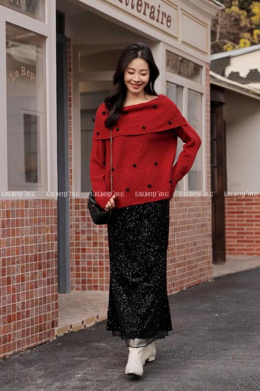 【门店同款】ENJOY冬季“暖冬软糖”波点奶糖一字肩毛衣 168899718 商品图14