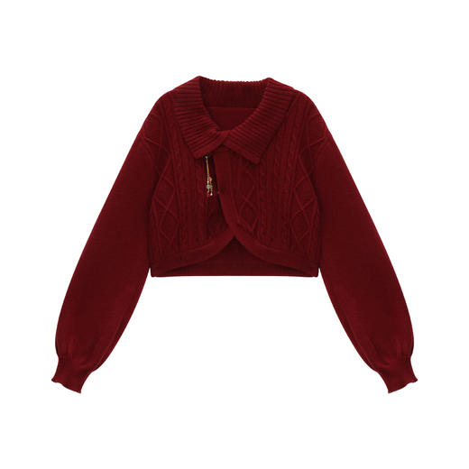 鹿向南「胭脂海棠」红色绞花纹长袖针织毛衣女冬宽松外穿节日上衣 商品图4