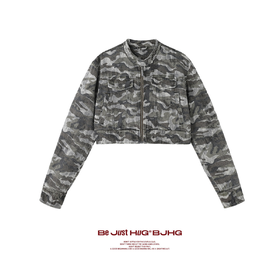 BJHG不计后果迷彩夹克女春季新款潮牌短款修身上衣做旧风立领外套