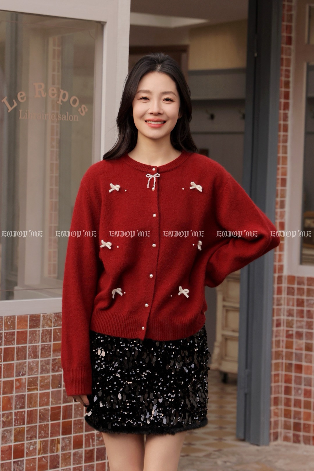 【门店同款】ENJOY冬季“暖冬软糖”蝴蝶结珍珠扣针织上衣 169193451