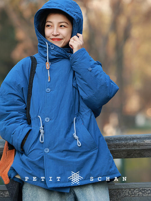 PETIT SCHAN小闪 CLO#1014 Big Blue 大蓝 棉连帽抽绳收腰填充绵羊毛棉服外套 商品图0