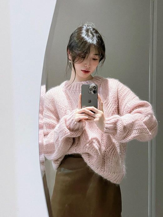 【百图lulu定制】【樱花毛衣】羊毛混纺 高级粉 松弛感 麻花毛衣 商品图8