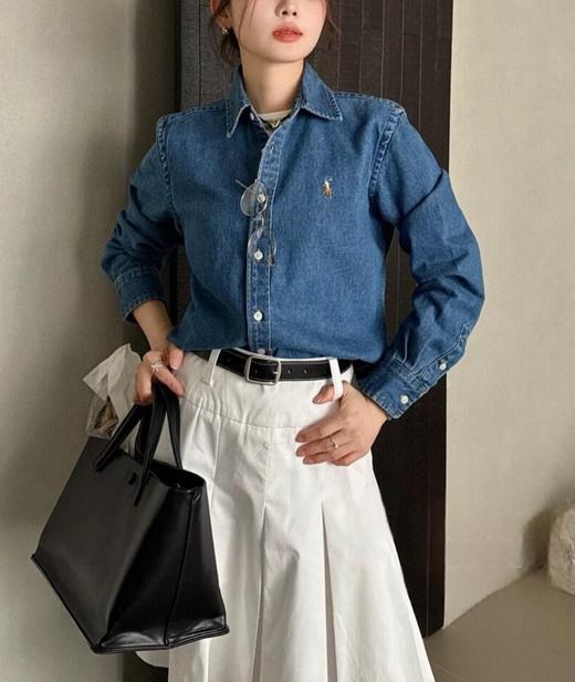 中性款合身刺绣牛仔长袖衬衫la 商品图4