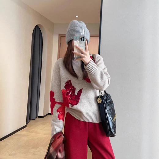 复古氛围感！2026喜上梅梢刺绣绵羊毛针织套头圆领毛衣女冬季新款！ 商品图0