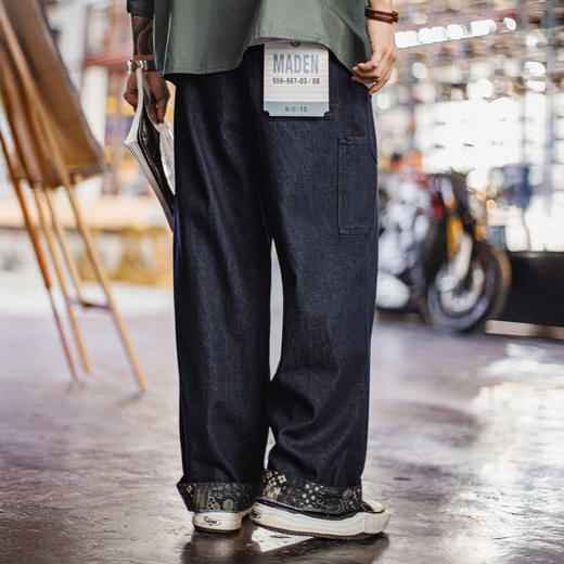 马登工装美式古布水洗牛仔裤直筒BORO阔腿深蓝色宽松休闲裤子男春 商品图3