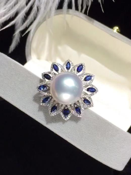 【私席真珠·新年盛宴】18K金镶钻/蓝宝石白珍戒指12-13mm珠（孤品） 商品图0