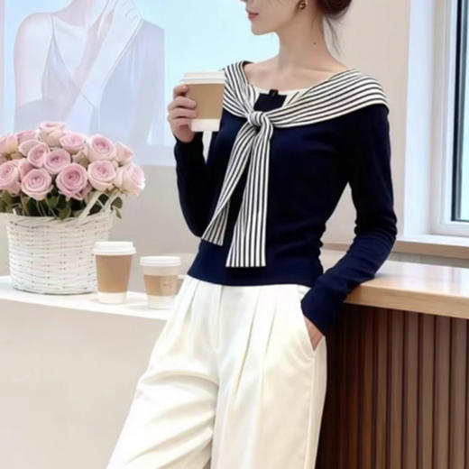 裁缝学苑AS623一字拼接条纹绑带长袖t恤纸样女装修身短上衣服装打板 商品图1