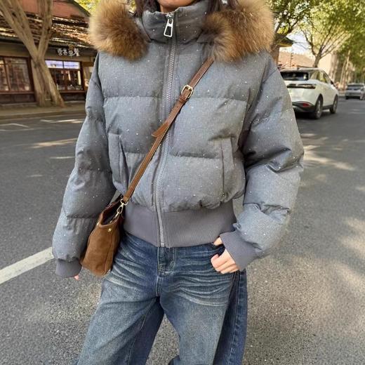 丁摩秋冬新款连帽貉子毛领羽绒服女短款90白鸭绒小个子烫钻外套潮ALWNT 商品图0