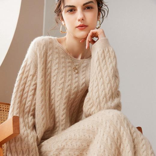 丁摩复古绞花羊绒套装女100%纯山羊绒加厚宽松上衣包臀半身裙子ALW1322 商品图1