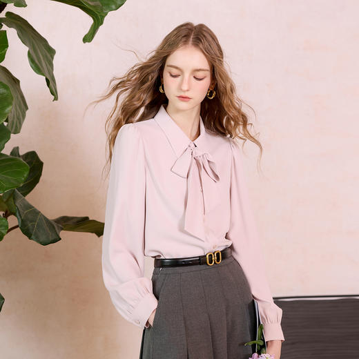 三彩2026春季新款翻领衬衫飘带可拆卸宽松衬衣优雅气质M 商品图2