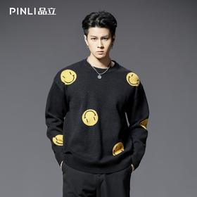 PINLI品立2025秋季新款男士宽松笑脸提花圆领套头针织衫毛衣上衣GD253110198