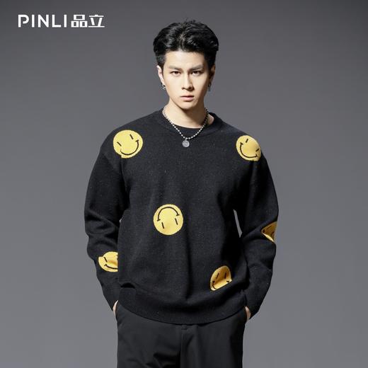 PINLI品立2025秋季新款男士宽松笑脸提花圆领套头针织衫毛衣上衣GD253110198 商品图0