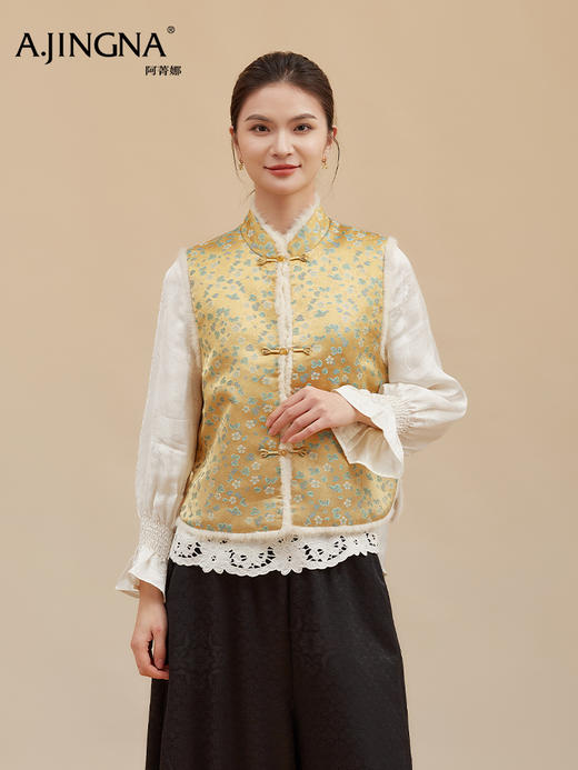 【淘衣节专享】阿菁娜冬季新款暖奢宋锦马甲水貂毛包边夹棉内里非遗织金面料新中式氛围外套F30D203016 商品图2