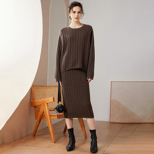 丁摩复古绞花羊绒套装女100%纯山羊绒加厚宽松上衣包臀半身裙子ALW1322 商品图2