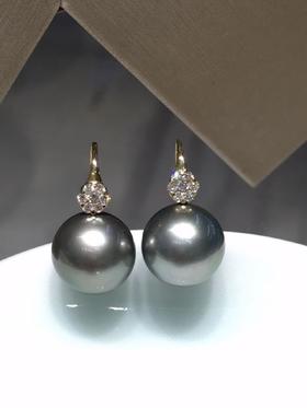 【私席真珠·新年盛宴】18k金镶钻大溪地气质灰珍珠耳环  11-12mm圆