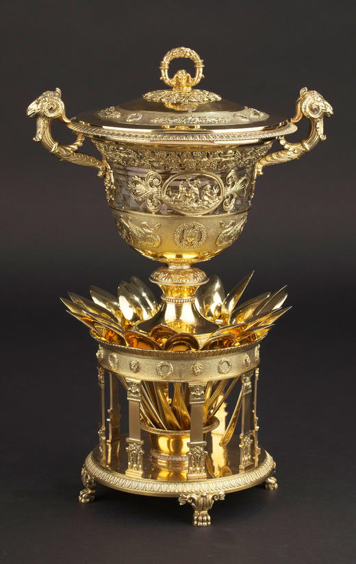 独角鹿西洋古董19世纪法国Martin Guillaume Biennais & Charles Cahier联合签名出品帝政风格古典神话主题银鎏金精雕糖果/冰淇淋樽套件 商品图4