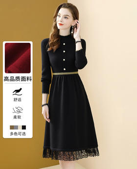 「自」全新升级【铂金会员201/天猫269/差价68】(12233)洛诗琳半高领针织连衣裙女2025秋冬新款气质通勤长袖蕾丝显瘦毛衣裙