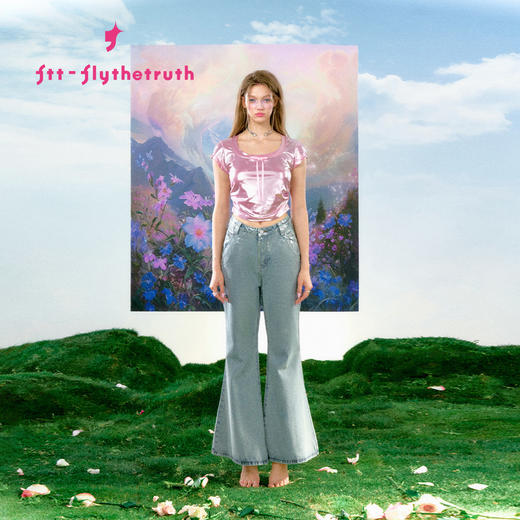 FTT FlyTheTruth 波光 辣妹褶皱亮面短袖T恤女夏季蝴蝶结短款上衣 商品图2