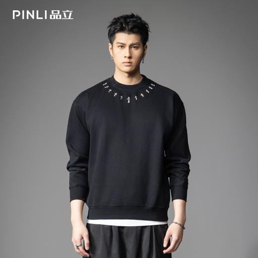 PINLI品立2026春季新款男士潮牌金属烫钻圆领落肩袖套头卫衣上衣BG262109002 商品图0