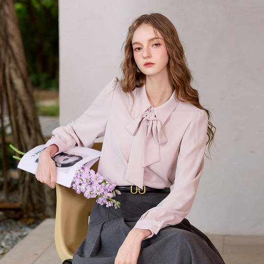 三彩2026春季新款翻领衬衫飘带可拆卸宽松衬衣优雅气质M 商品图1