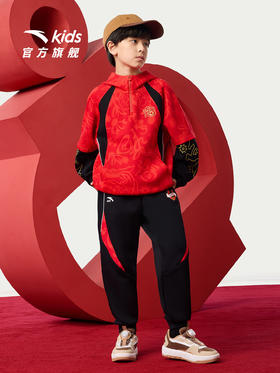 安踏男童新年套装2026款连帽卫衣卫裤时尚宽松两件套印花喜庆套装352618750