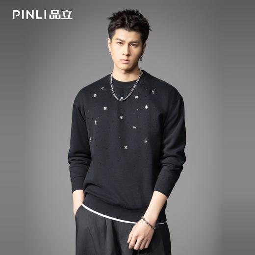 PINLI品立2026春季新款男士潮牌金属烫钻圆领落肩袖套头卫衣上衣BG262109003 商品图3