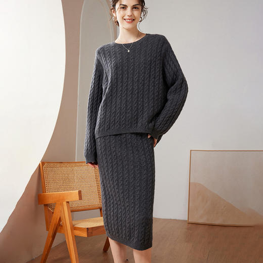 丁摩复古绞花羊绒套装女100%纯山羊绒加厚宽松上衣包臀半身裙子ALW1322 商品图3