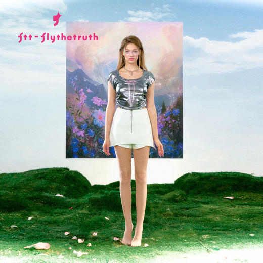 FTT FlyTheTruth 波光 辣妹褶皱亮面短袖T恤女夏季蝴蝶结短款上衣 商品图1