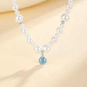 Winy S925 银渐珠蓝熠项链 仿珍珠颈链 玫瑰切合成立方氧化锆吊坠 气质银色锁骨链