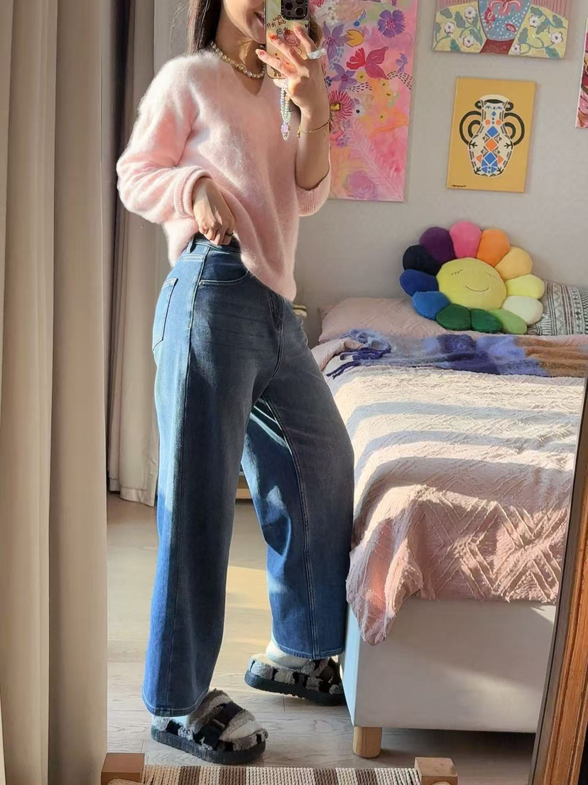 晶晶自留款|秋冬加绒九分直筒牛仔裤 保暖有型两不误