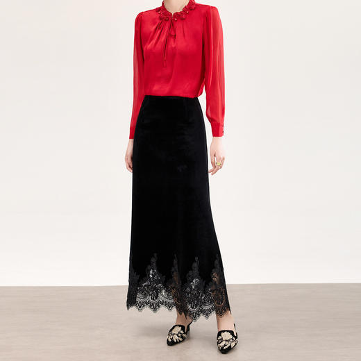 「高货wl」全新升级【铂金会员257/天猫339/差价82】(33548)洛诗琳新中式丝绒半身裙2026春季新款高腰蕾丝刺绣拼接裙 商品图0