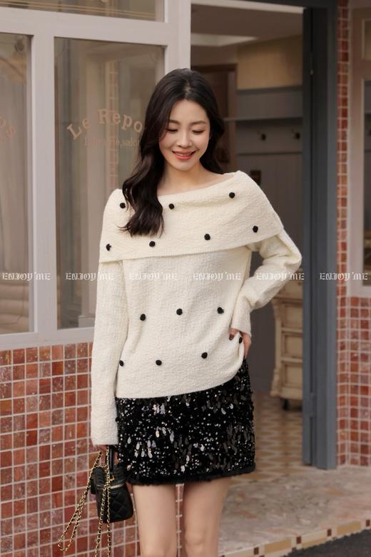 【门店同款】ENJOY冬季“暖冬软糖”波点奶糖一字肩毛衣 168899718 商品图1