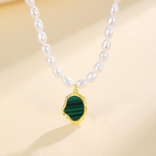 Winy S925 银镀金淡水珍珠项链 孔雀石吊坠 附证书 复古温柔贵气锁骨链 商品图0