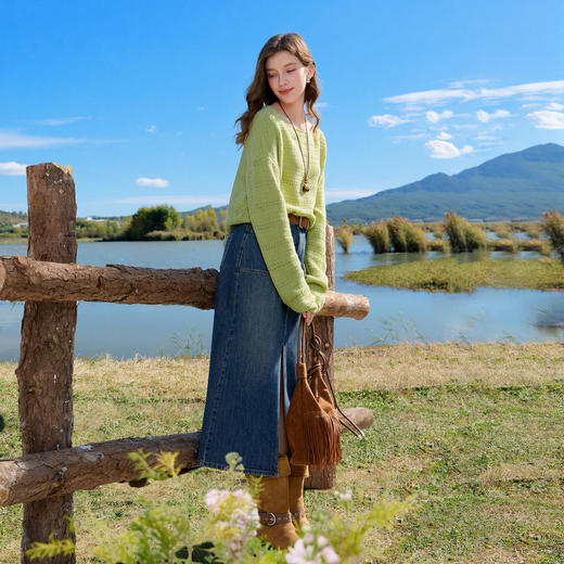 三彩2026春季新款牛仔半身裙高腰开叉直筒裙长裙复古时尚M 商品图2