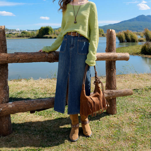 三彩2026春季新款牛仔半身裙高腰开叉直筒裙长裙复古时尚M 商品图1